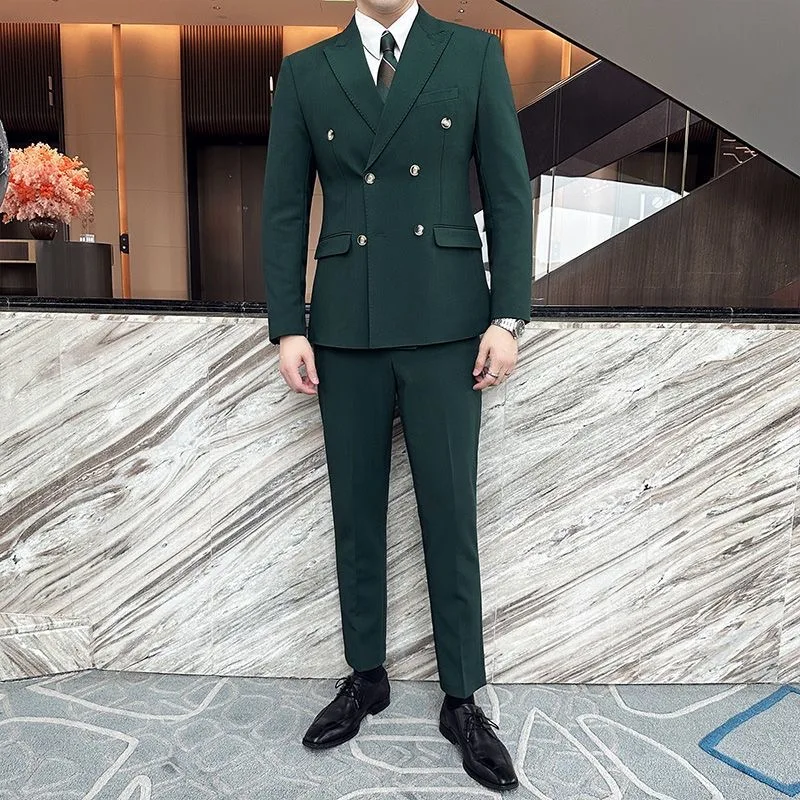 162 Men's green double-breasted suit stylish groom dress business slim suit