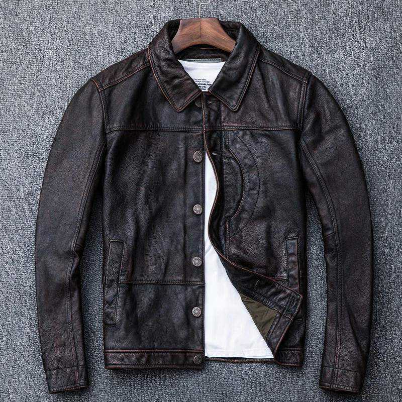

Men Leather Jacket 100% Genuine Real Cowhide Male Motorcycle Reddish-BrownLapel Jackets Man's Coat Autumn Spring Clothes Tide