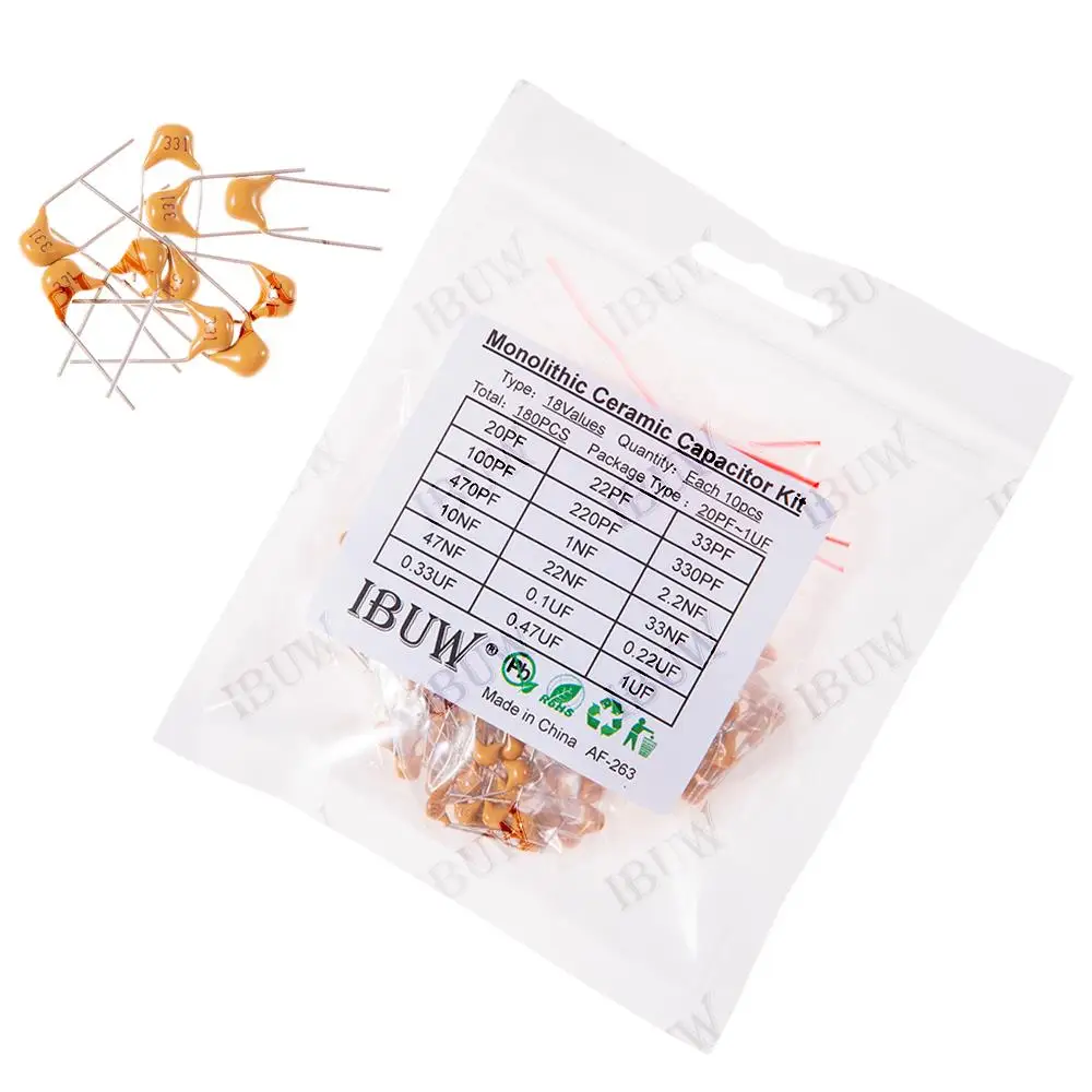 

Набор монолитных керамических конденсаторов (180 шт., 18 значений, 20 пФ-1 мкФ) для осцилляторов и электронных фильтров DIY