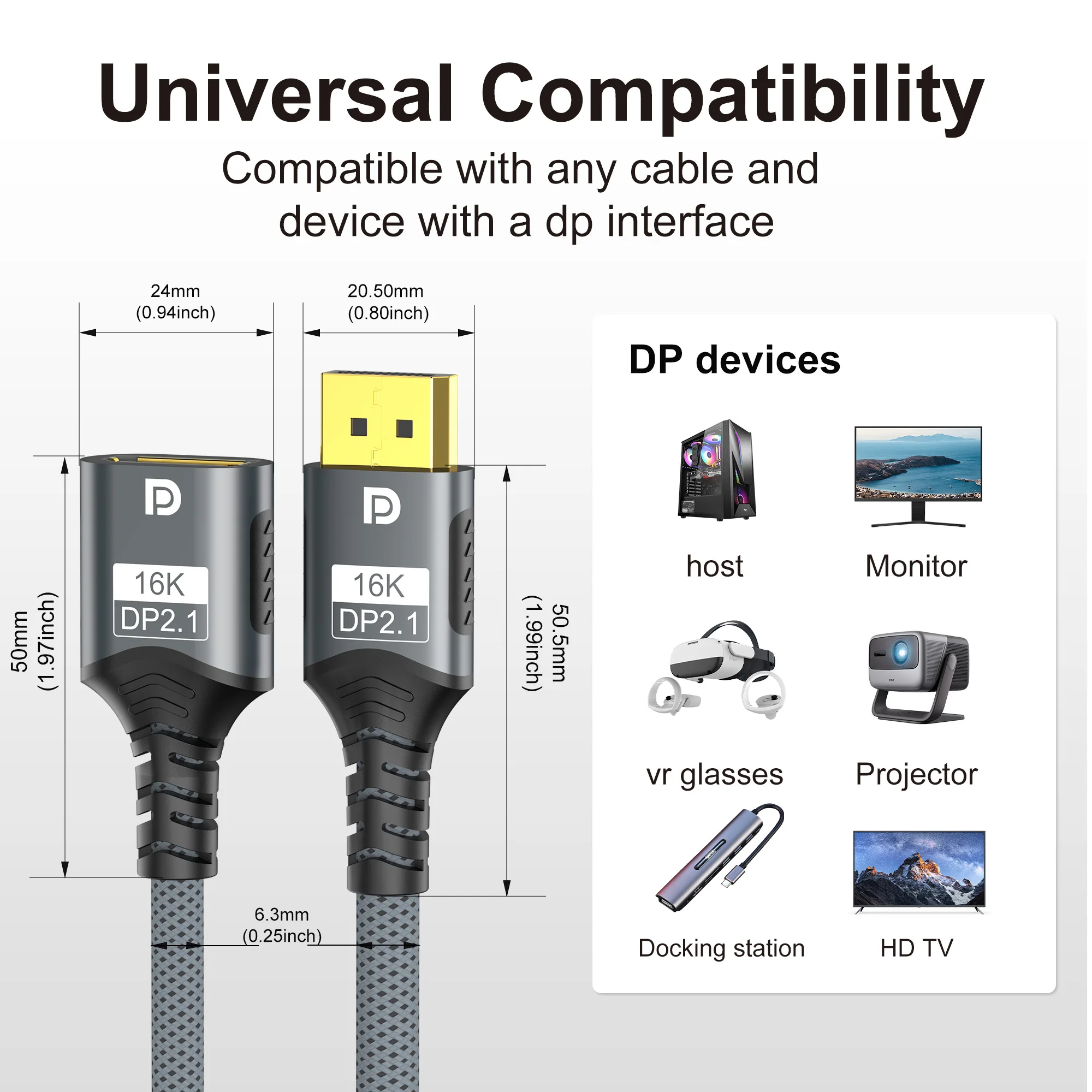 16K DisplayPort Male to Female Extension Cable DP 2.1 to DisplayPort 54Gbps 16K@30Hz 8K@60Hz For PC TV Laptop Monitor Projector