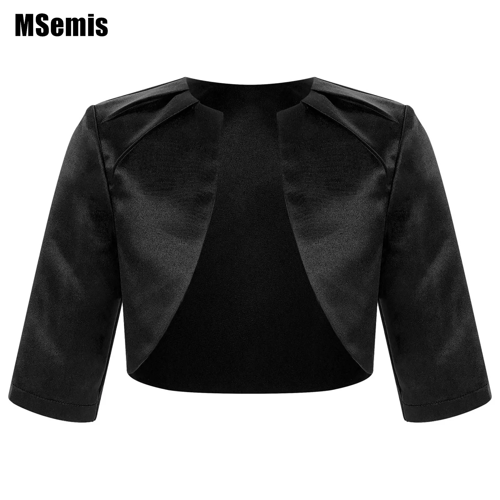 

Kids Girls Satin Cardigan Solid Color 3/4 Sleeve Open Front Pleated Elegant Bolero for Party Evening Wedding