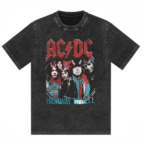 Imagen 2 del producto Camiseta con estampado de banda ACDC, camiseta Retro lavada de manga corta antigua, pareja de moda, cómoda, holgada, informal, nueva ropa para hombre