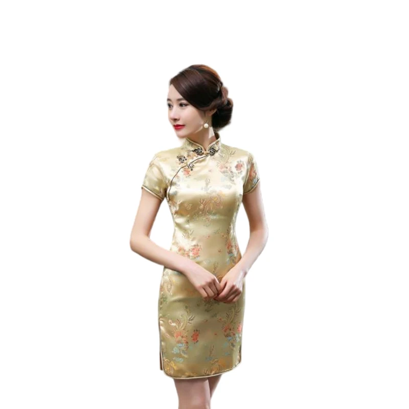 

Red Novelty Clothes Chinese Women Dress Sexy Short Satin Qipao Cheongsam Summer Slim Elegant Dresses Vestido De Festa 020405