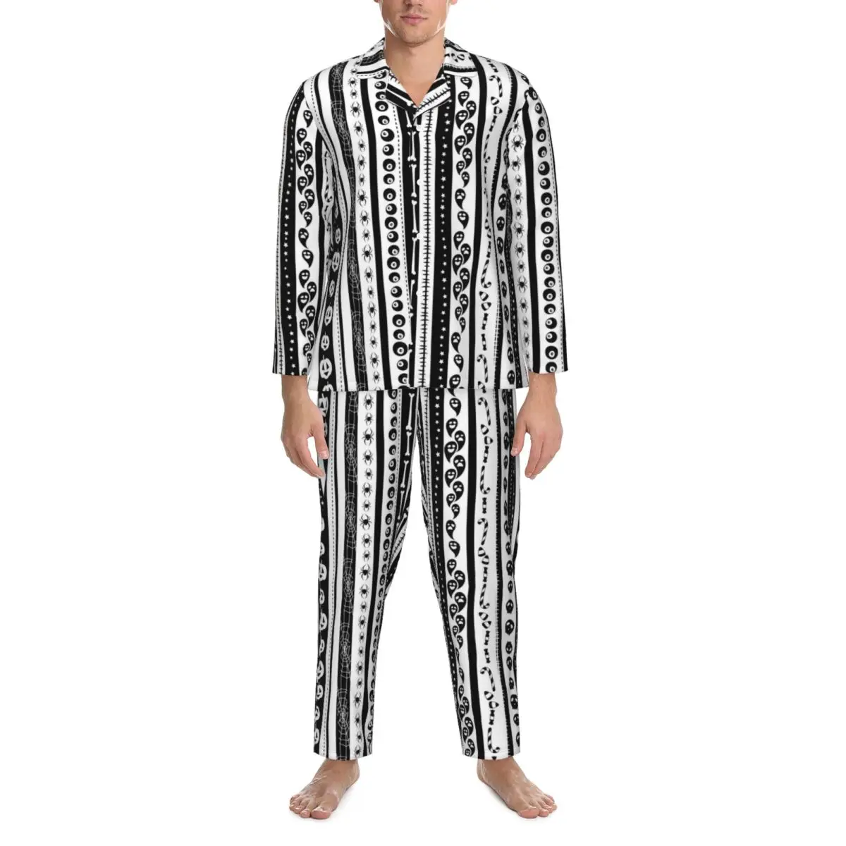 

Abstract Tribal Pajamas Set Black And White Fashion Sleepwear Men Long Sleeve Retro Sleep 2 Pieces Nightwear Large Size 2XL