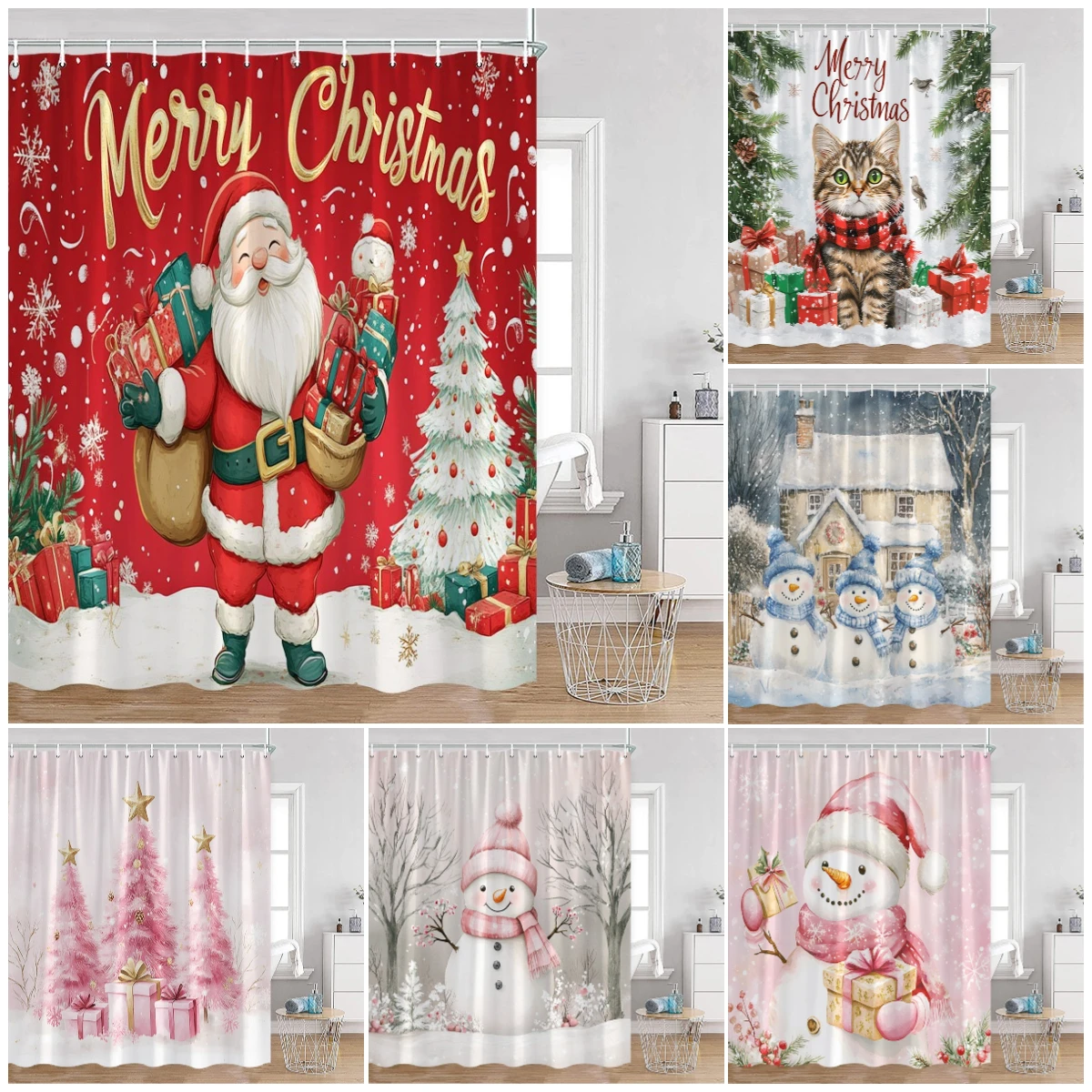 

Red Santa Claus Shower Curtain Pink Xmas Tree Gift Snowman Cat Winter Christmas Bath Curtains New Year Home Bathroom Decor Set