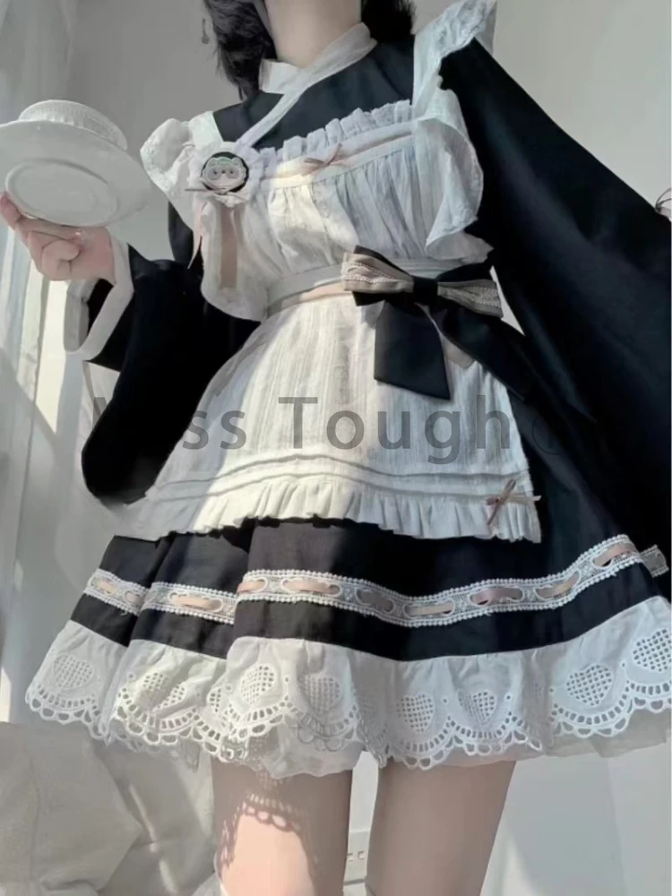 Sweet Lolita Japanese Maid Kawaii Wind Dress Autumn Winter Lace Lotus Leaf Apron Patchwork Fluffy Dresses New Harajuku Clothing