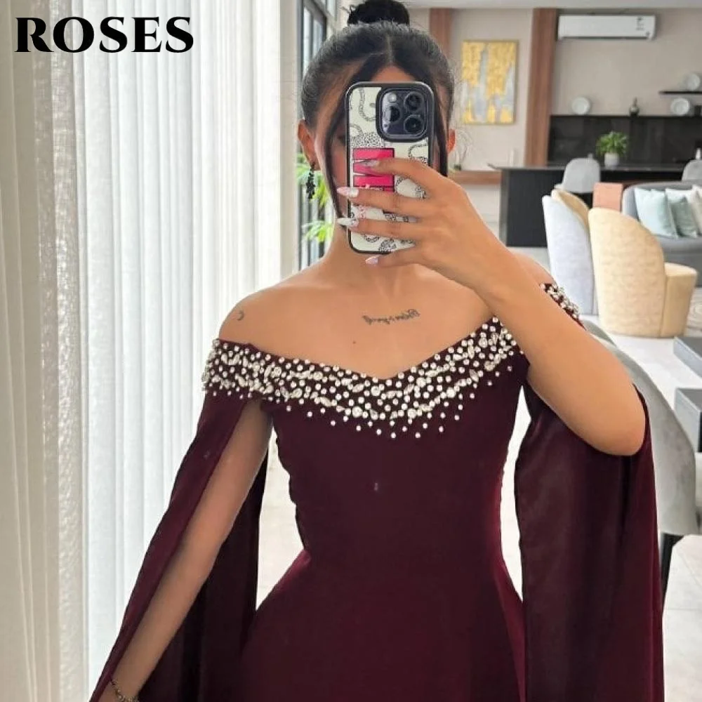 ROSES Burgundy Stain Trumpet Prom Dresses with Crystals Evening Dresses Off the Shoulder Party Dresses with Pleats Customized