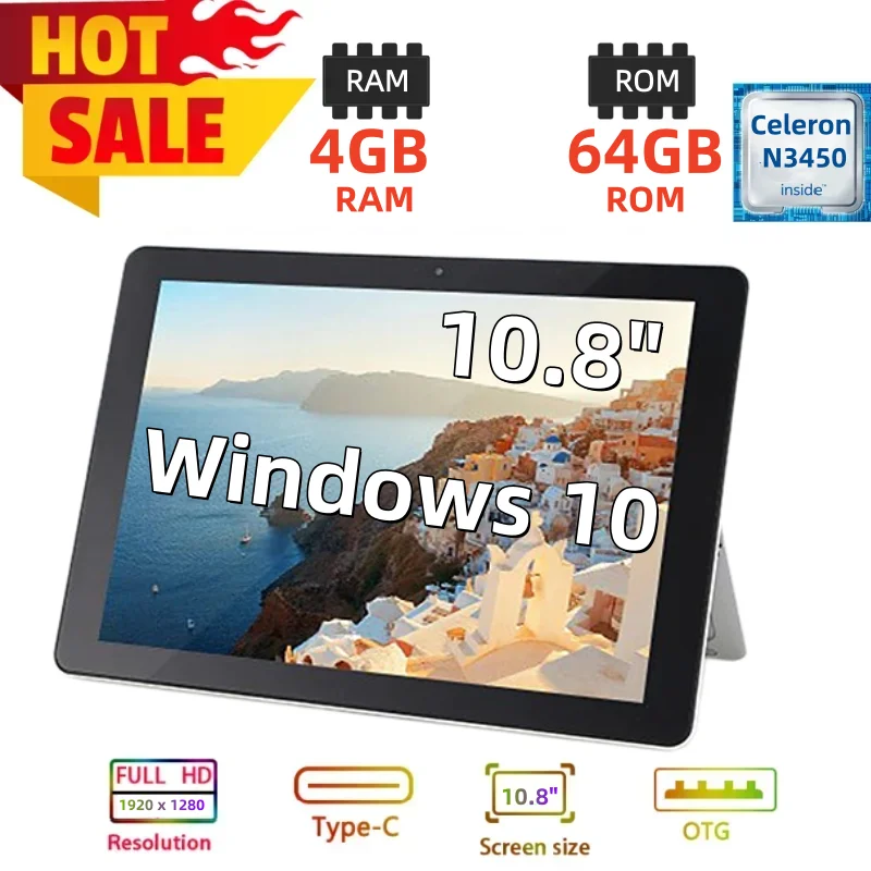 1920x1280 Screen Resolution 10.8 Inch Windows 10 Tablet PC 4GB RAM 64GB ROM CPU Intel Celeron N3450 CPU 8000mAh 1*Type-C Port