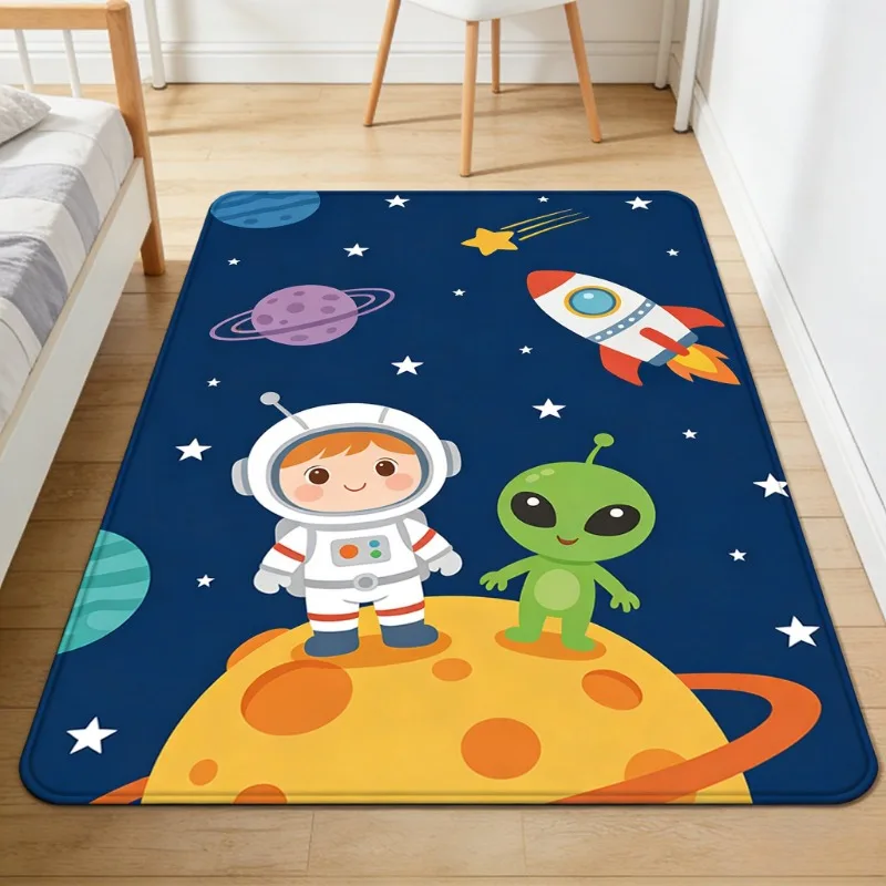 VIKAMA Cute Space Astronaut Alien Flannel Floor Mat, Machine Washable Non-Slip Kids Room Carpet, Universe Style Play Area Rug
