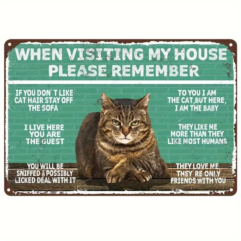 Letrero de reglas de casa de gato divertido, decoración para mascotas con citas divertidas, fondo verde azulado, placa artística de pared de Metal de aluminio duradero para vivir R