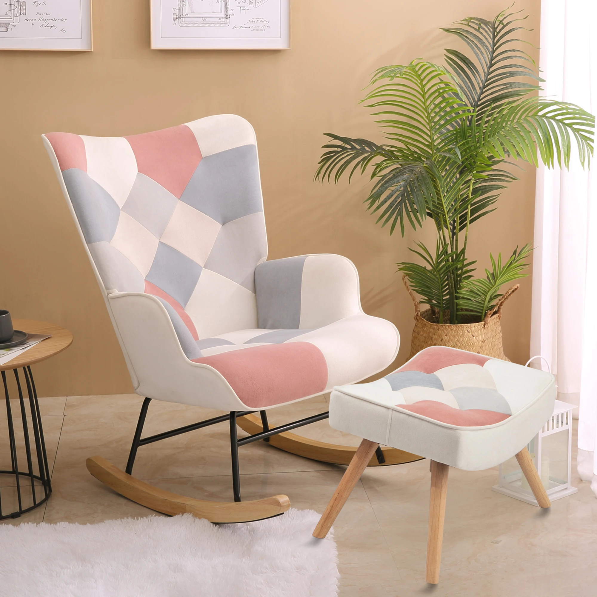 Rocking Chair with Ottoman, Mid Century Fabric Rocker Chair with High Backrest Armchair Comfy Side Chair and Wood Legs