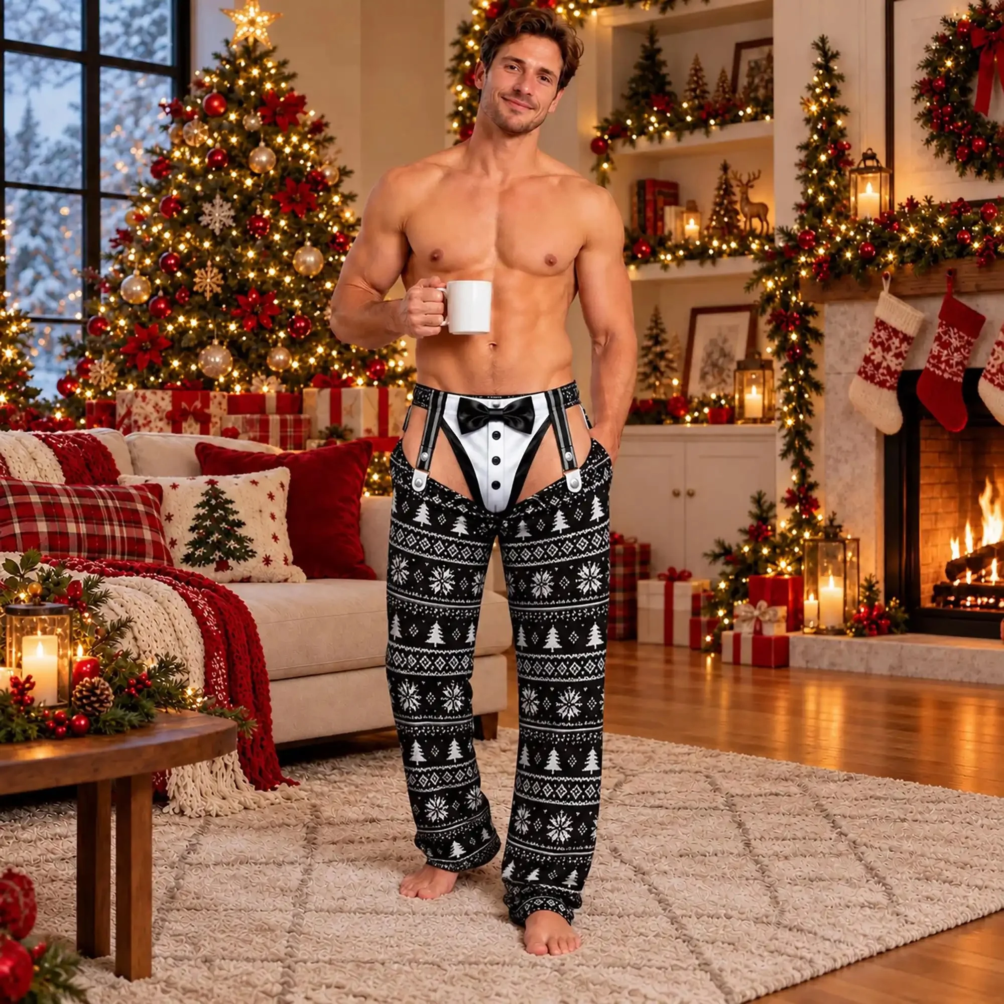 Personalized Funny Pajama Pants Fake Thong Fake Butt Sleepwear, Christmas Gag Gift Ugly Christmas Lounge Pants Novelty Gag Gift