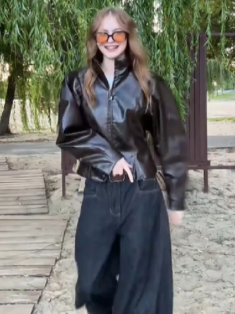 Women Brown Texture Faux Leather Coat Stand Collar Double Head Zipper Slim Fit 2026 New Vintage Casual Lady Moto Biker Jacket