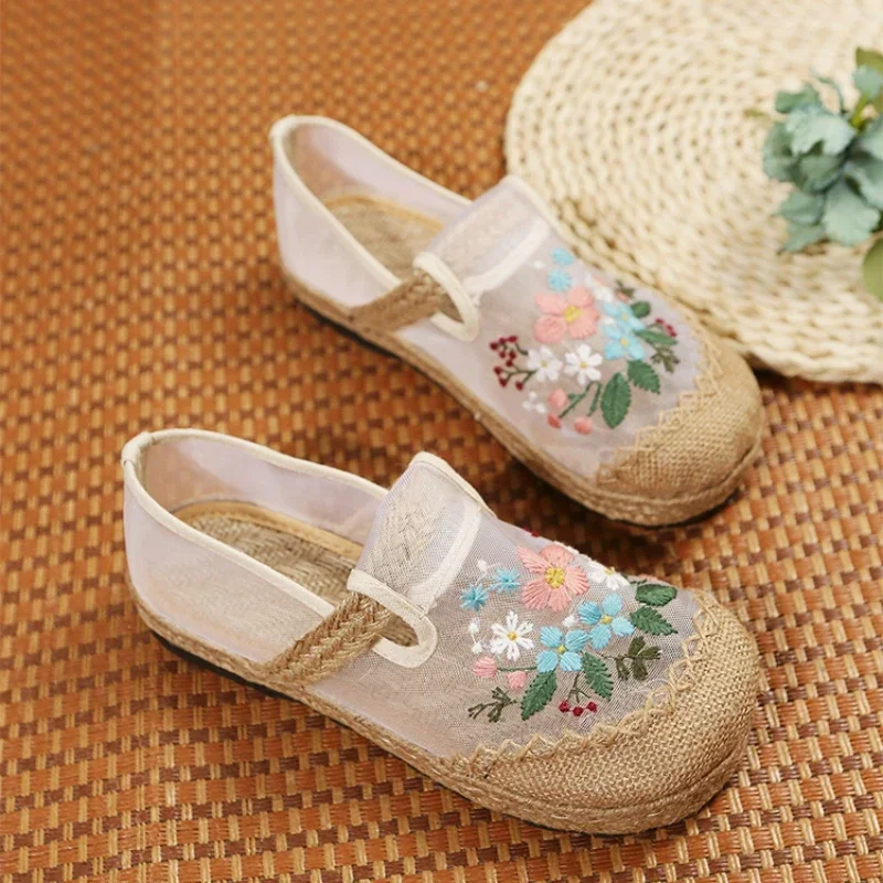 Ladies Linen Cotton Embroidered Loafers Comfortable Espadrilles Flat  Casual Mesh Colorblock Shoes