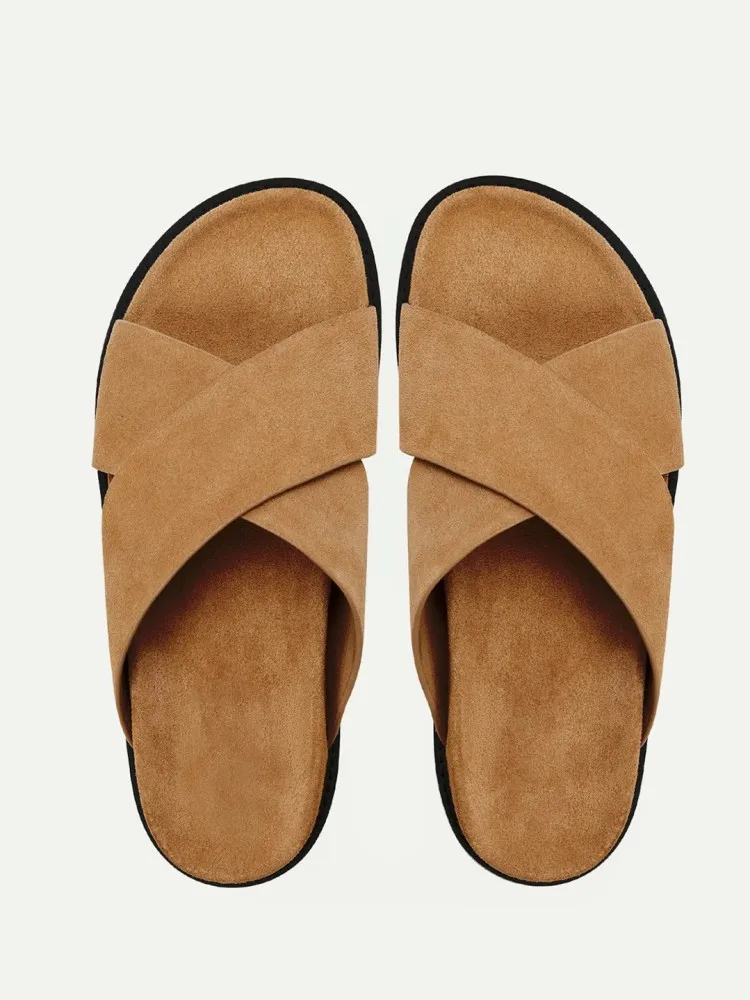 Outside Mens Genuine Leather Slippers New Summer Breathable Open Toe Casual Platform Shoes Non Slip Vintage Cowhide Slides Male