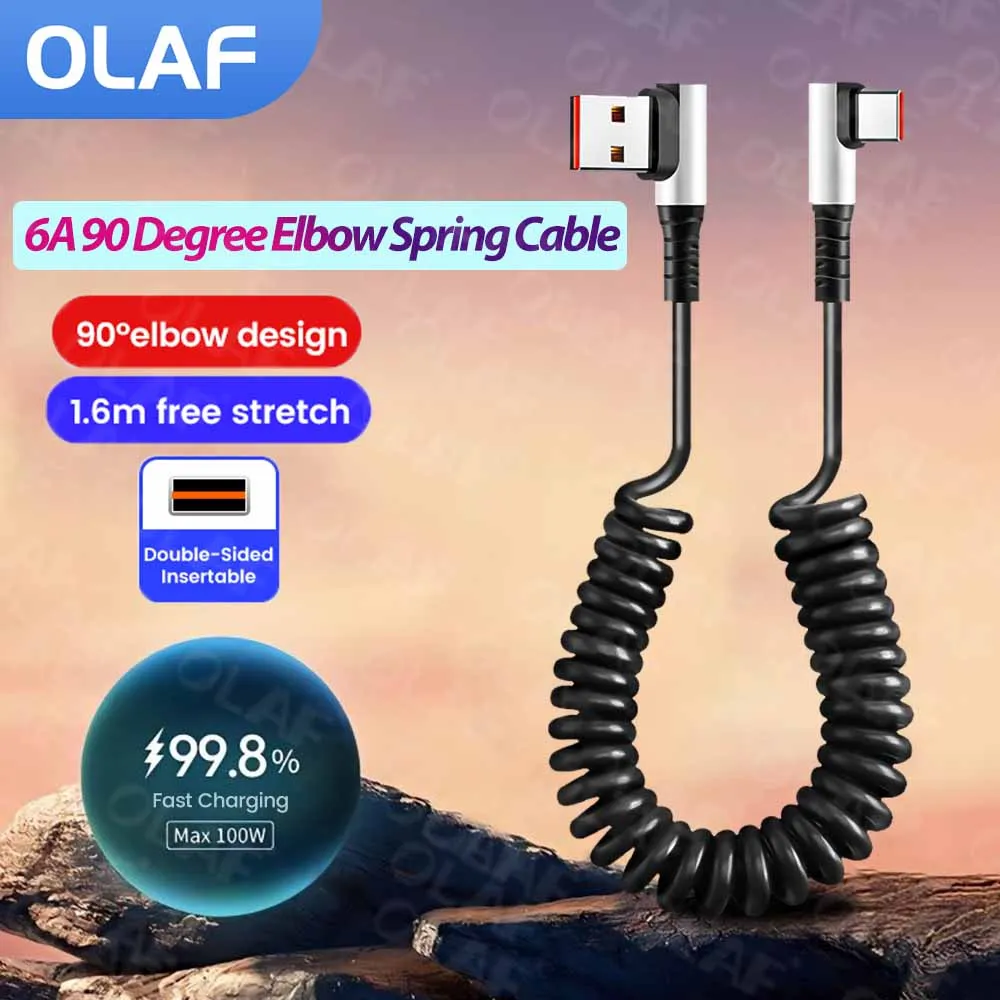 6A 90 Degree Elbow USB Type C Spring Cable 1.6M Retractable Type C to Type C Data Cable For iPhone Xiaomi Samsung Game Car Cable