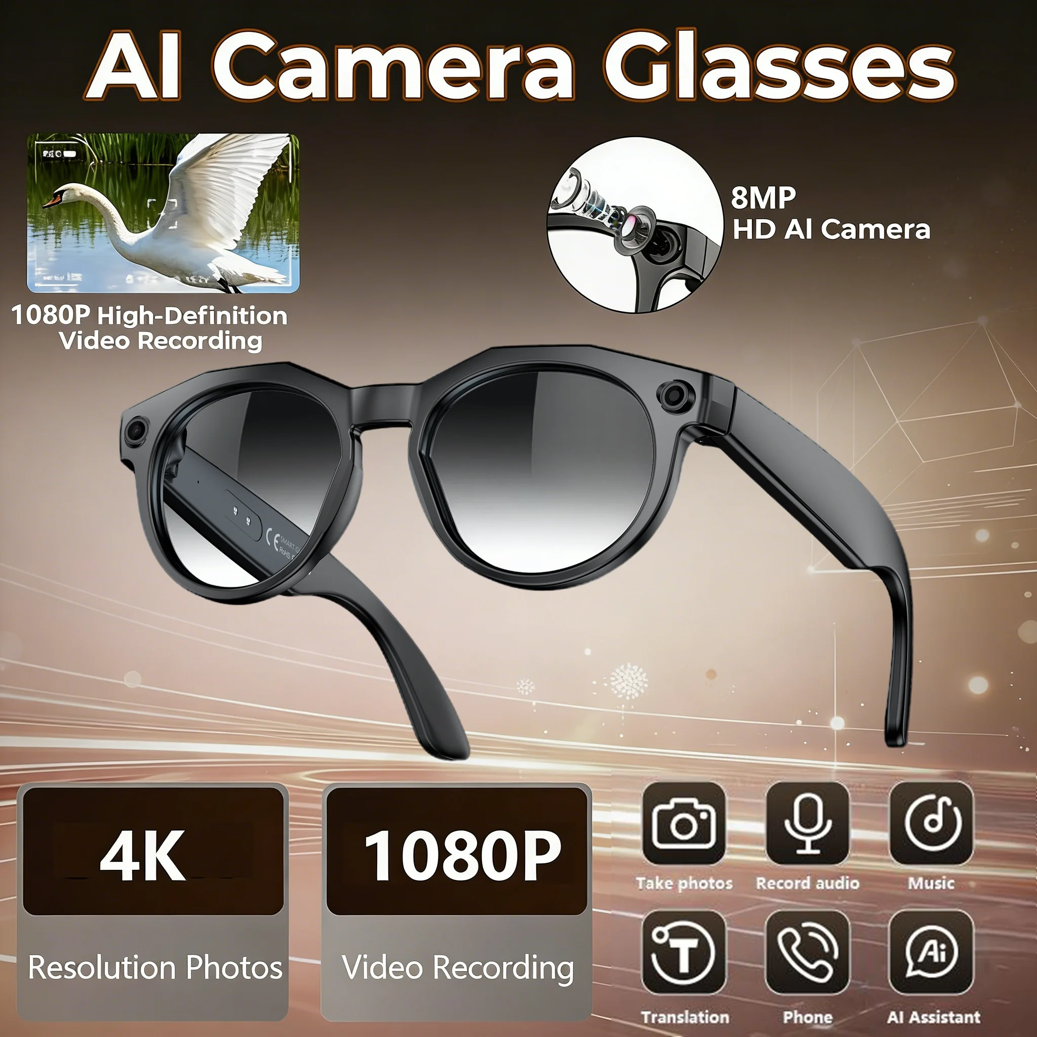 

Smart AI Camera Glasses with 8MP Cam Photochromic Lenses Built-in Smart Voice Assistant 160+ Languages Real-Time Translation,