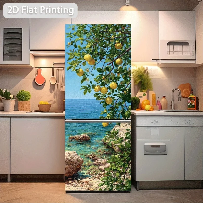 Refrigerator Sticker Lemon Tree by Seaside Rocks Theme Scene Wall Sticker Decoration Wallpaper Self-Adhesive for Cabinets And