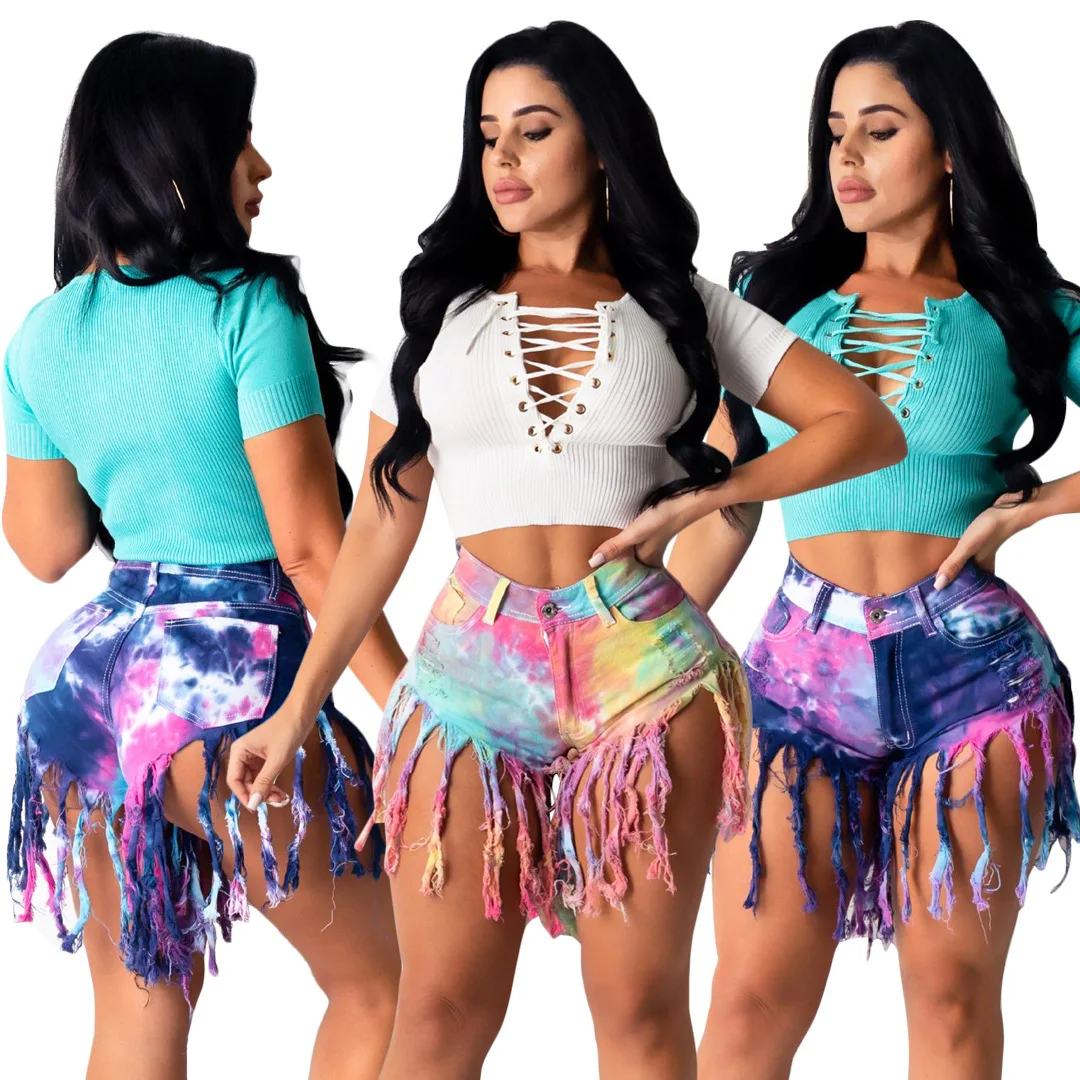 2025 nuevas mujeres de verano Tie Dye pantalones cortos de mezclilla con borlas largas moda flaca pantalones vaqueros elásticos pantalones cortos calle ropa Hipster S-2XL