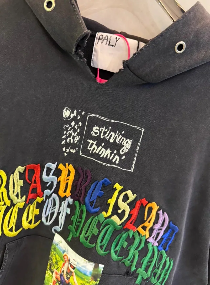 Paly Hollywood Multicolour Letter Embroidery Hoodies Men Women Black Distressed Oversized Hooded Sweatshir