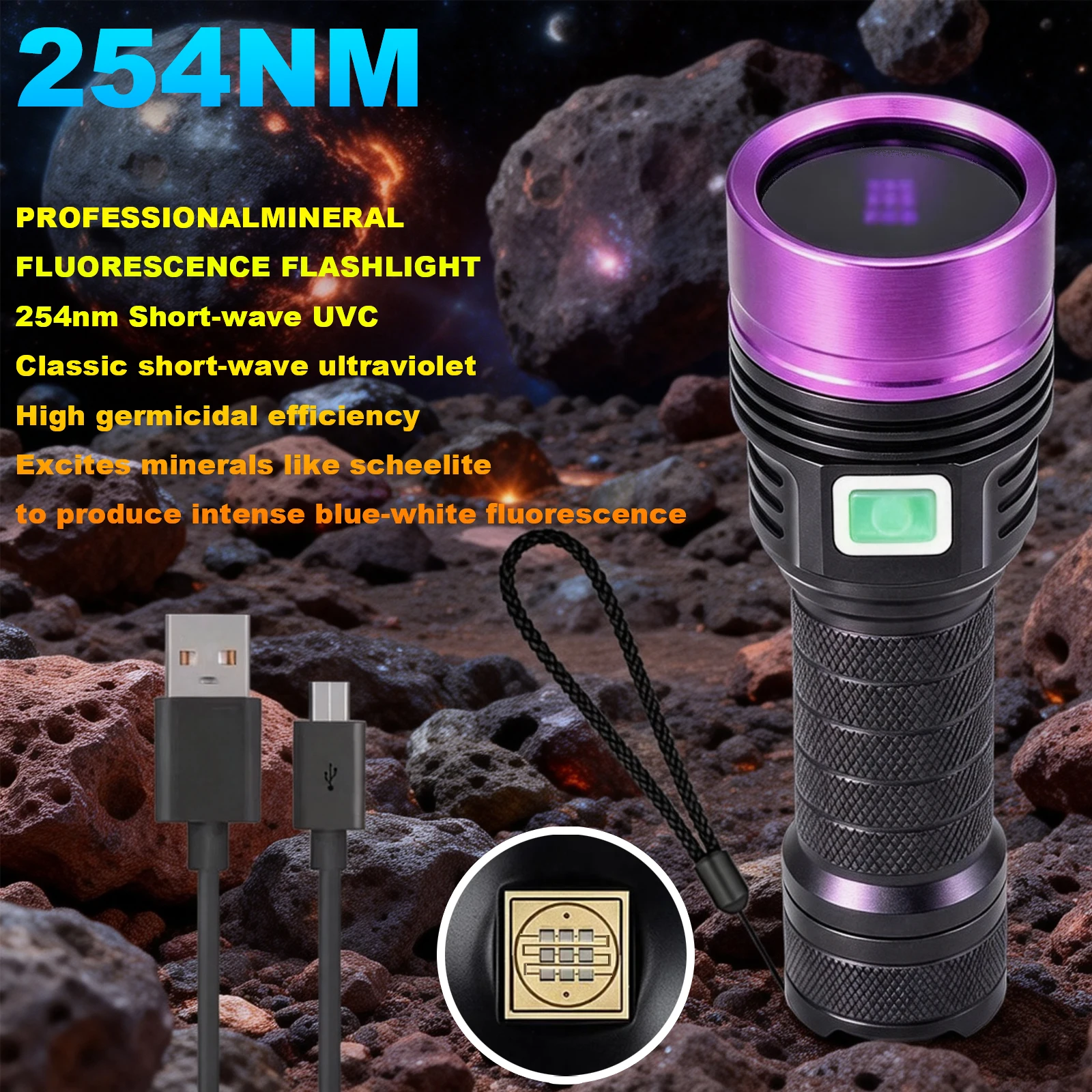 High-Power 10,0mW UVC Deep Ultraviolet Flashlight 254nm UV Light 21700 Type for Fluorescent Mineral And Gemstone Detection