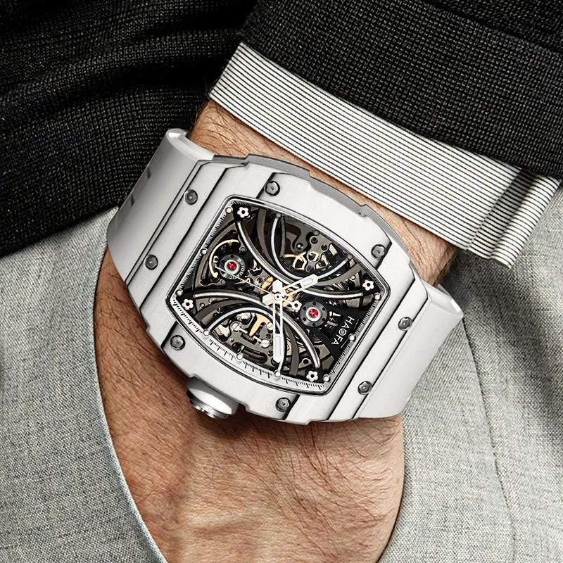 Haofa Carbon Fiber Bezel Automatic Mechanical Mens Watch Skeleton Movement Sapphire Self-wind Watches for Men Casual Dress 1909