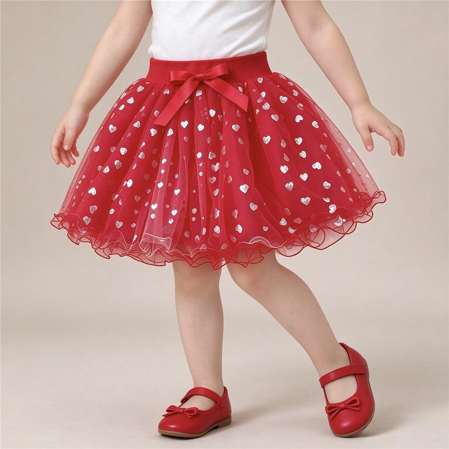 Sweet Little Girls Glitter Heart Print Tutu Skirt Bow Decoration Kids Christmas Birthday Party Skirt