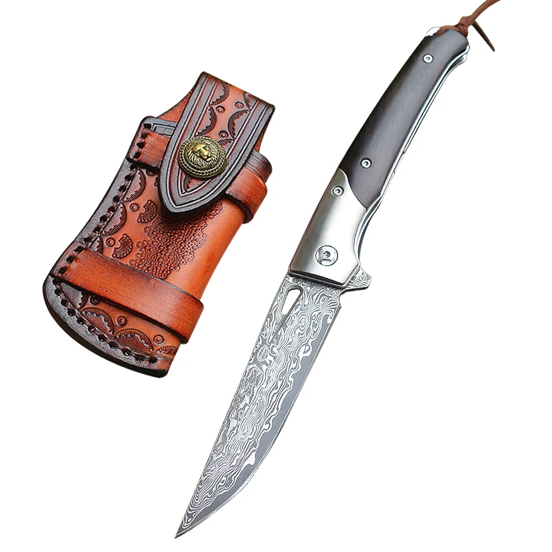 Damascus steel outdoor folding knife with ebony handle sharp wilderness survival hunting tactical knife camping knife gift knife