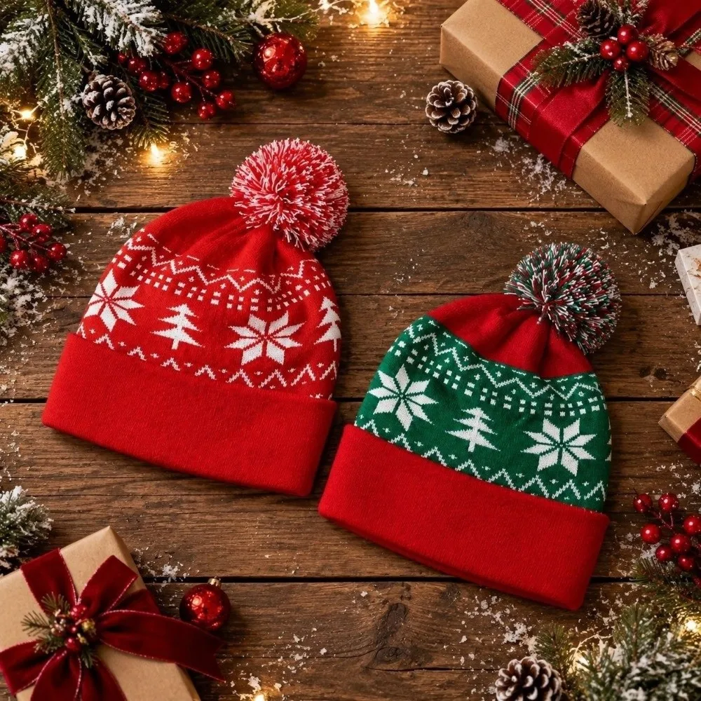 Schneeflocken-Weihnachtsmütze, Jacquard-Wollmütze, gestrickte Mütze, Geschenk, rot-grüne Patchwork-Farbe, weihnachtliche Strickmütze, festliche Dekoration – Detail 9