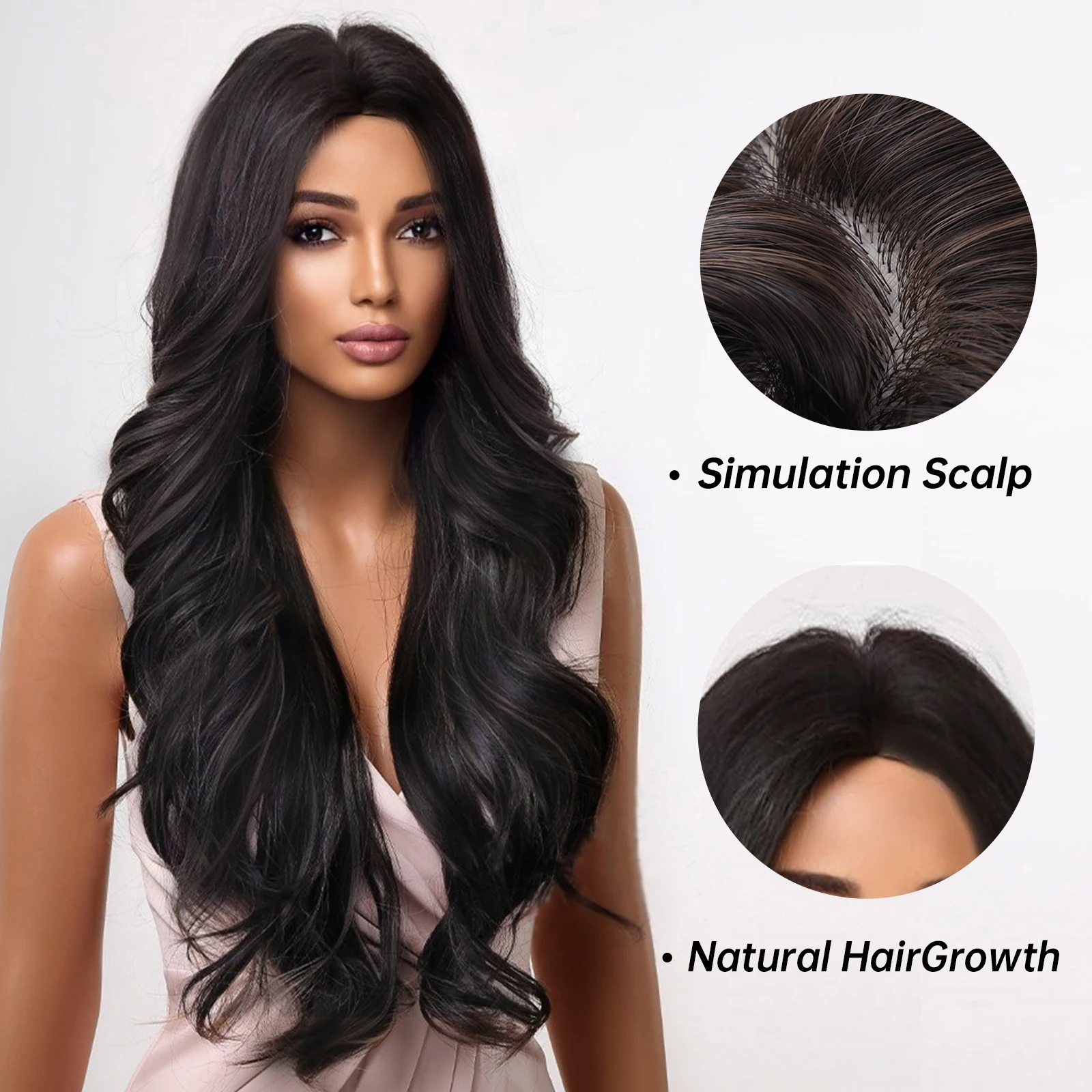 Cheap Long Body Wavy Black Synthetic Wig For Black Women Daily Party Black Curly Wig with Middle Part Wig Heat Resistant Fiber