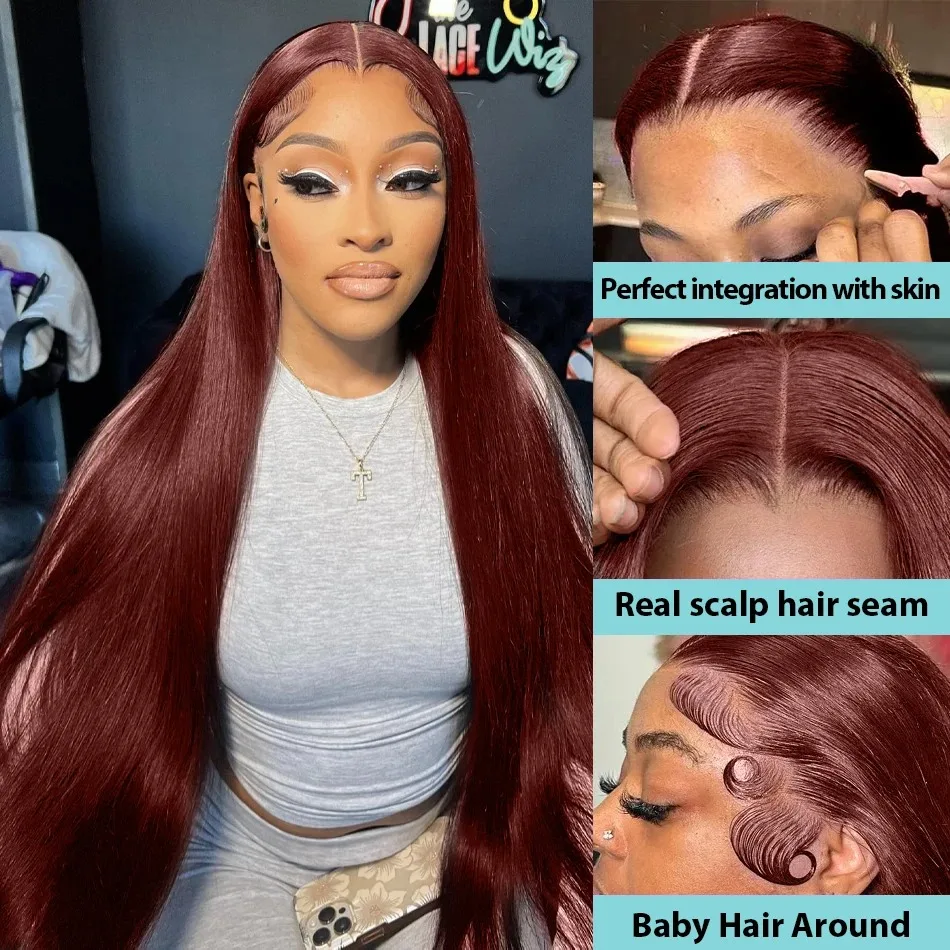 Reddish Brown 13x4 Lace Front Human Hair Wig Bone Straight Dark Red Brown Pre Plucked Transparent Lace frontal Wig Peruvian Hair