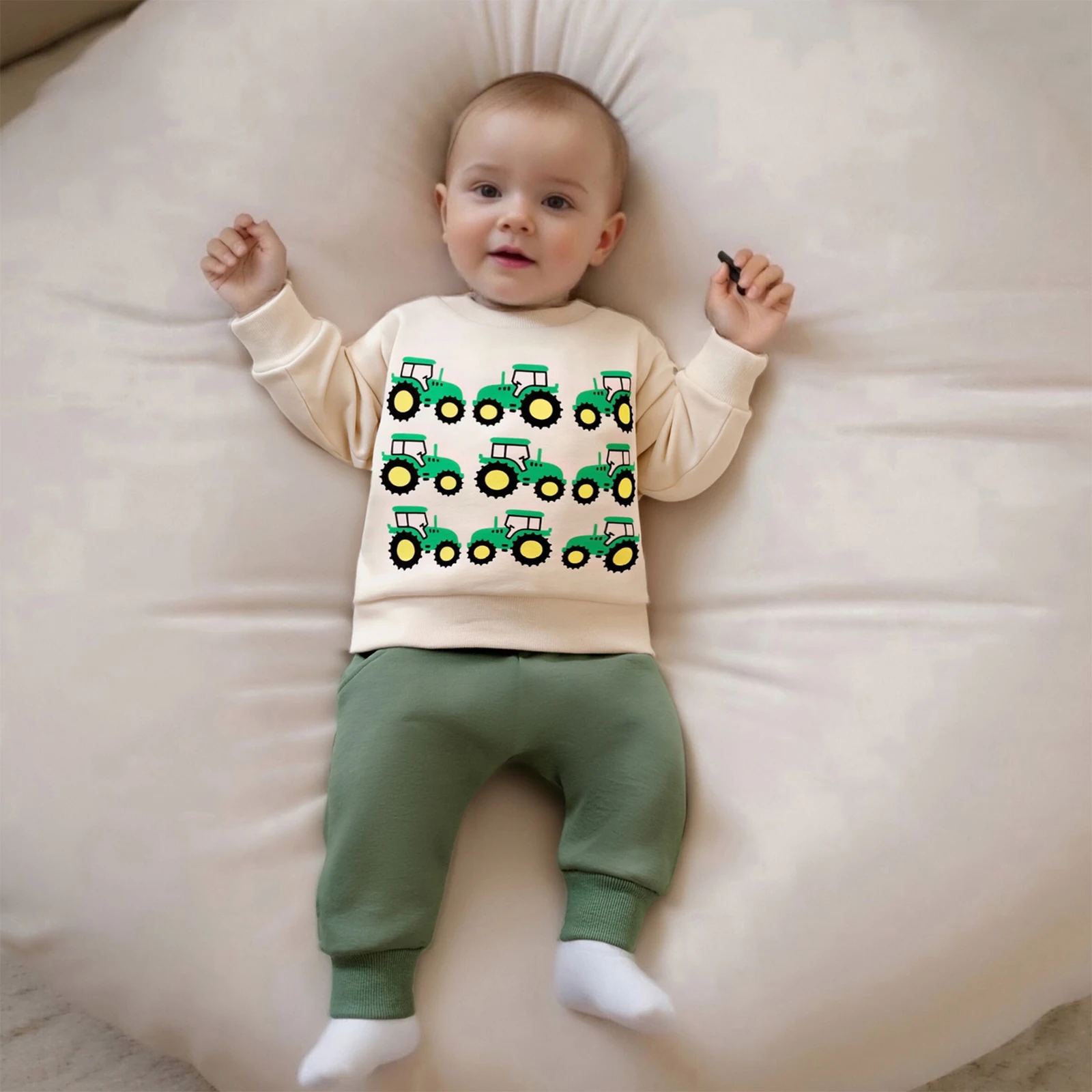 

Одежда для малышей, осенний комплект для маленьких мальчиков, модный пуловер с длинными рукавами и принтом трактора, однотонные штаны, комплект одежды из 2 предметов