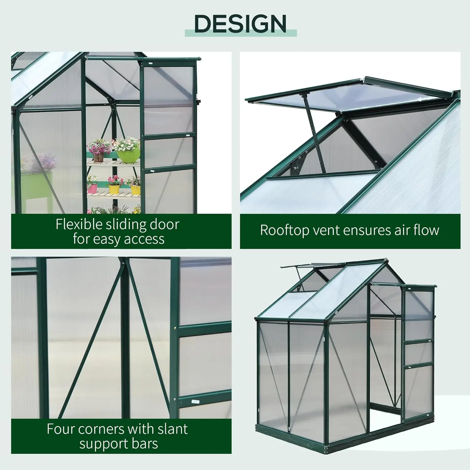 6' x 4' kas voor buiten, polycarbonaat kas met regengoot en dakventilatie, aluminium inloopbare groene huizen