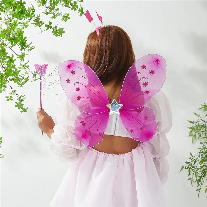 3Pcs/Set Toddler Girl Fairy Princess Costume Shiny Butterfly Wings with Wand & Headband Set Halloween Party Supplies Photo Props