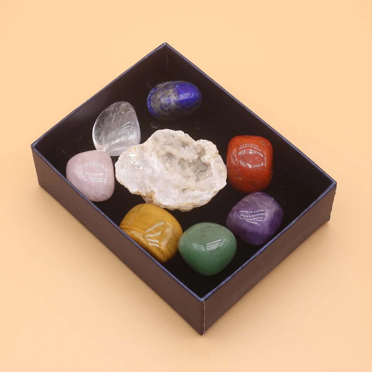 8Pcs Chakras Natural Druzys Bead Ornament Gemstone Mineral Healing Ornaments Set Resin Pendant Gifts Box Home Decoration