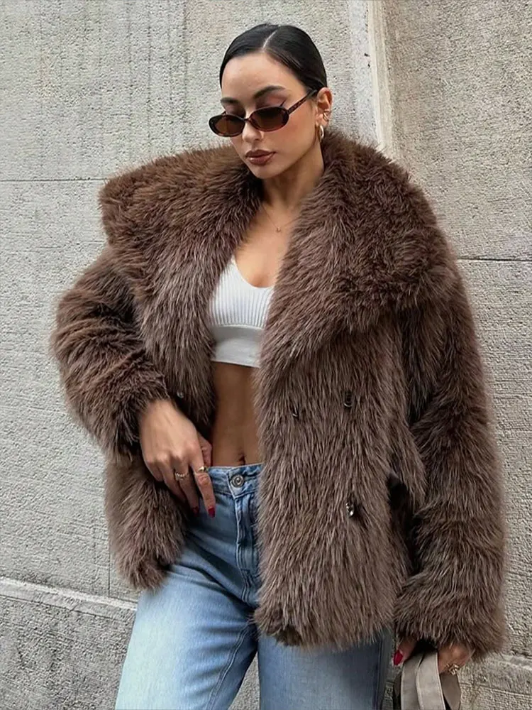 HH Faux Fur Jacket For Women Elegant Solid Lapel Long Sleeve Coat Casual Female Winter Oversize Lady Chic Streetwear Jakcets