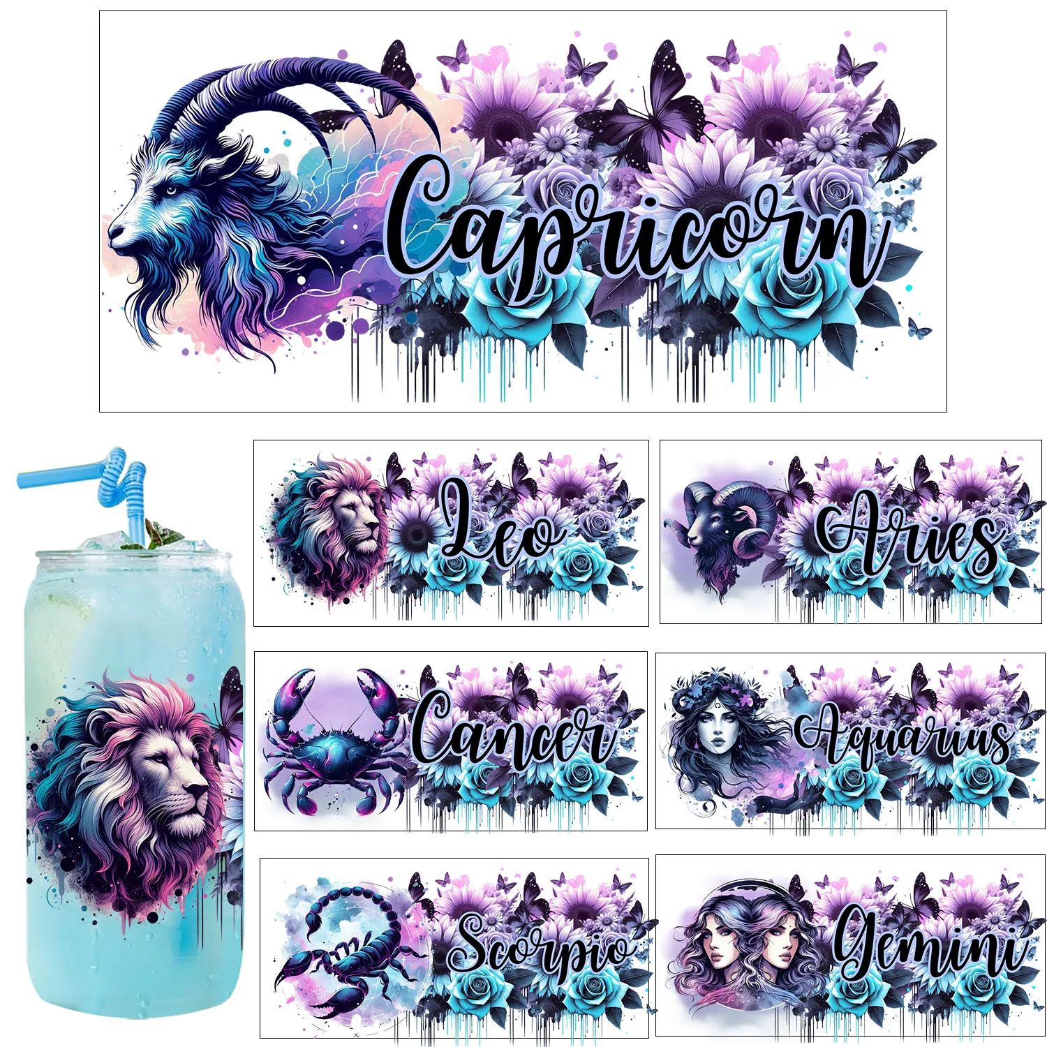 Zodiac signs Style UV Dtf Sticker Party DIY Decals 3D transfers uvdtf tumbler seal stickers 16oz uv dtf cup wraps
