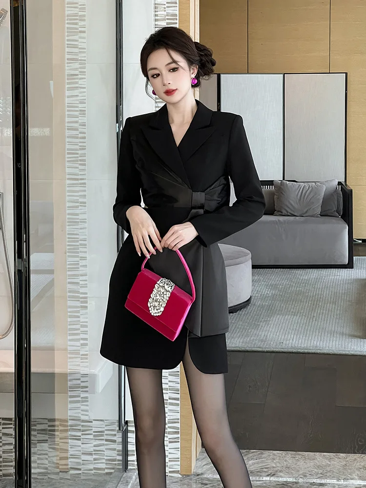 Autumn and Winter New Style Royal Sister Style Design Hollow Bow Slim Suit Dress