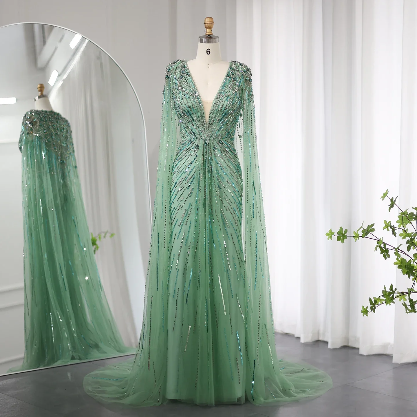 Dubai Luxury Crystal Sage Green Evening Dresses with Cape  Elegant Women Wedding Dress Party Gowns