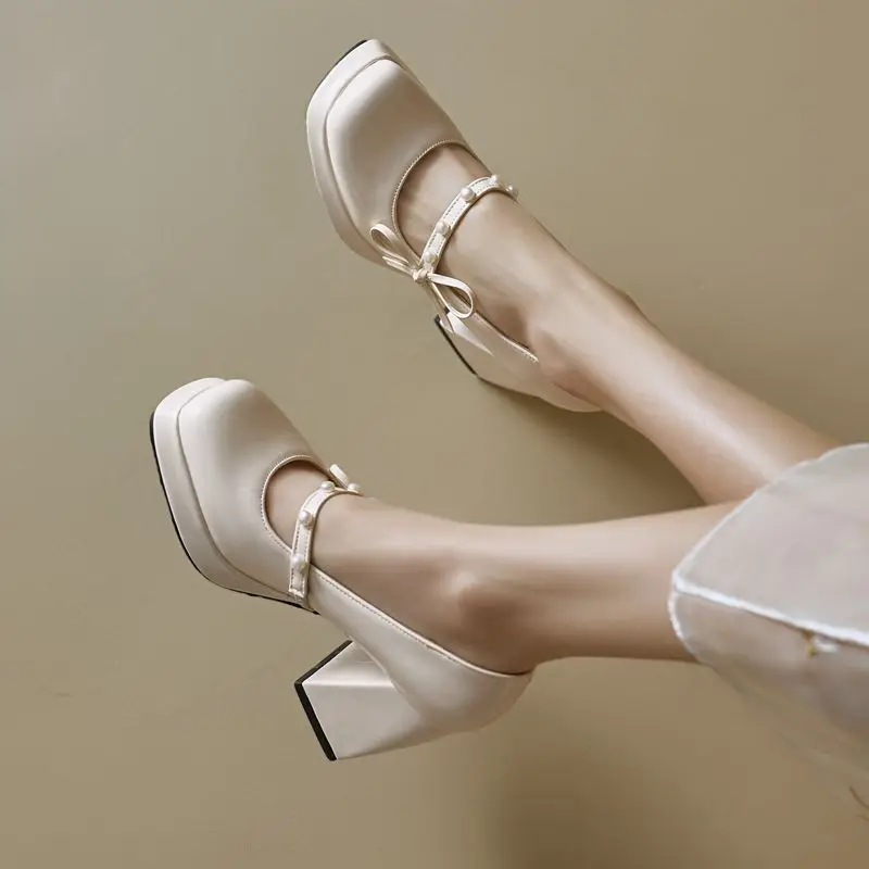 REAVE CAT White Female Pumps Square Toe 9cm Block Heel Slip On String Beads Bowknot Big Size 43 44 45 46 Sexy Dating Women Shoes view 2