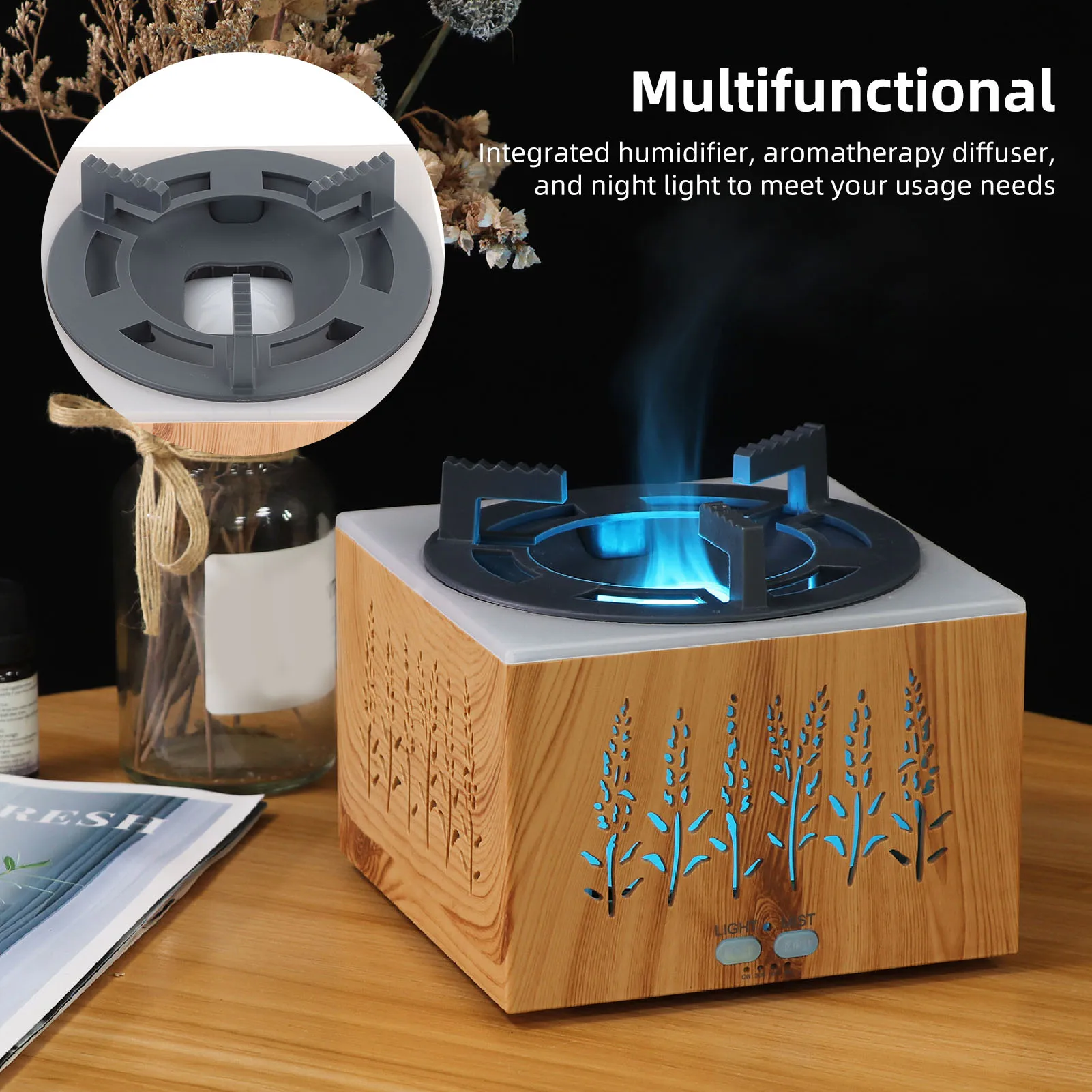 Flammenbefeuchter, Luftverdampfer mit ätherischen Ölen für Zuhause, Büro, Schlafzimmer mit Timer-Funktion, 400 ml USB-Aromatherapie-Diffusor