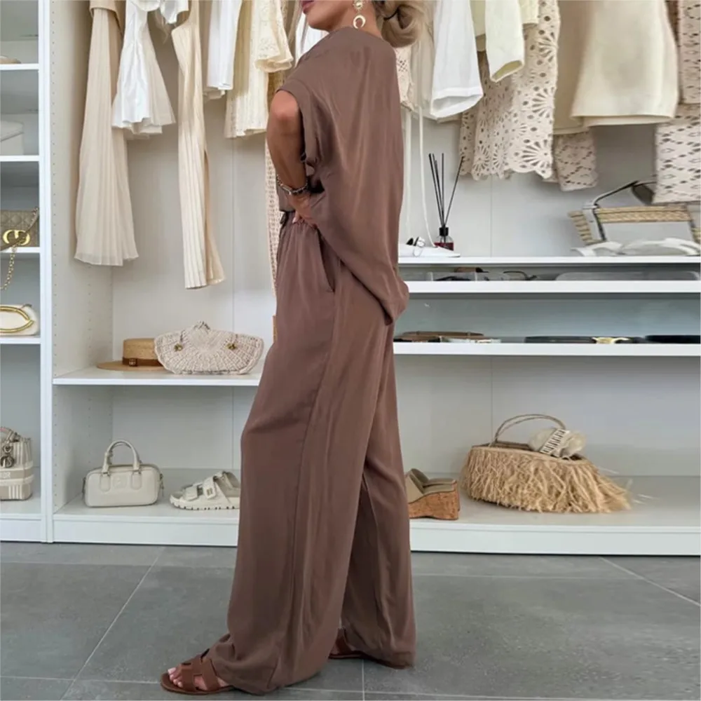 Estate Nuovo Casual O Collo a maniche corte Pantaloni lunghi da donna Set Moda Lace-up Allentato Pantaloni lunghi a gamba larga Ufficio femminile Set da 2 pezzi