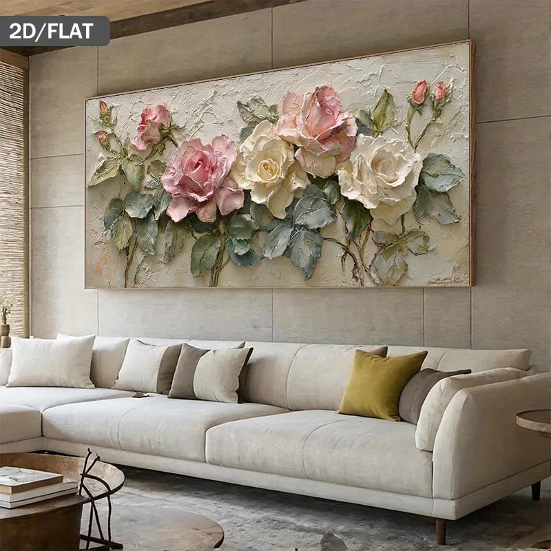 2D Flat Pink White Roses Flower Abstract Canvas Prints Poster Large Horizontal Modern Floral Art Prints Wall Art Home Decor