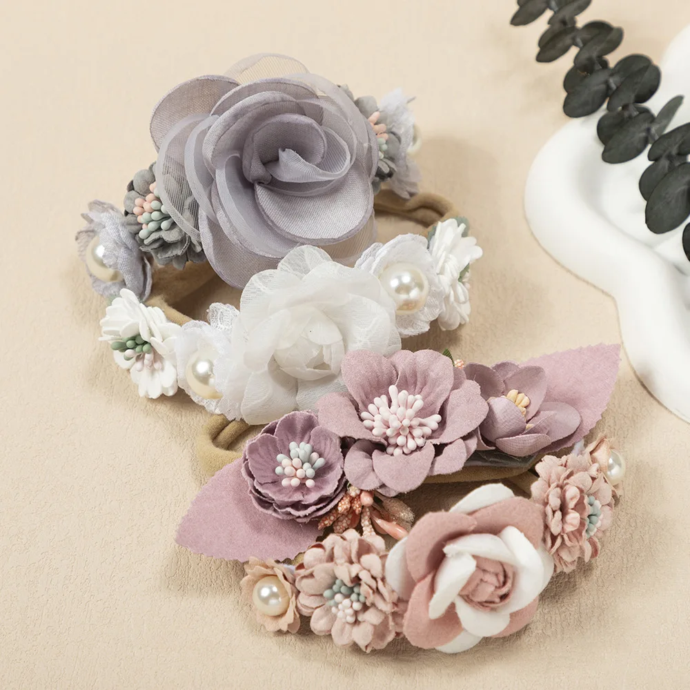 

Baby Girl Headband Baby Elastic Hair Band Newborn Handmade Flowers Toddler Headband with Pearl Nylon Headwear Kids Accessories