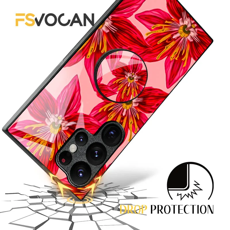 鮮やかな赤い花柄のスマホケース（ブラケット付き）Samsung Galaxy S26 S25 S24 S23 S22 S21 S20 Plus Ultra A53 A54 A32 A33 A34 A35 A55対応