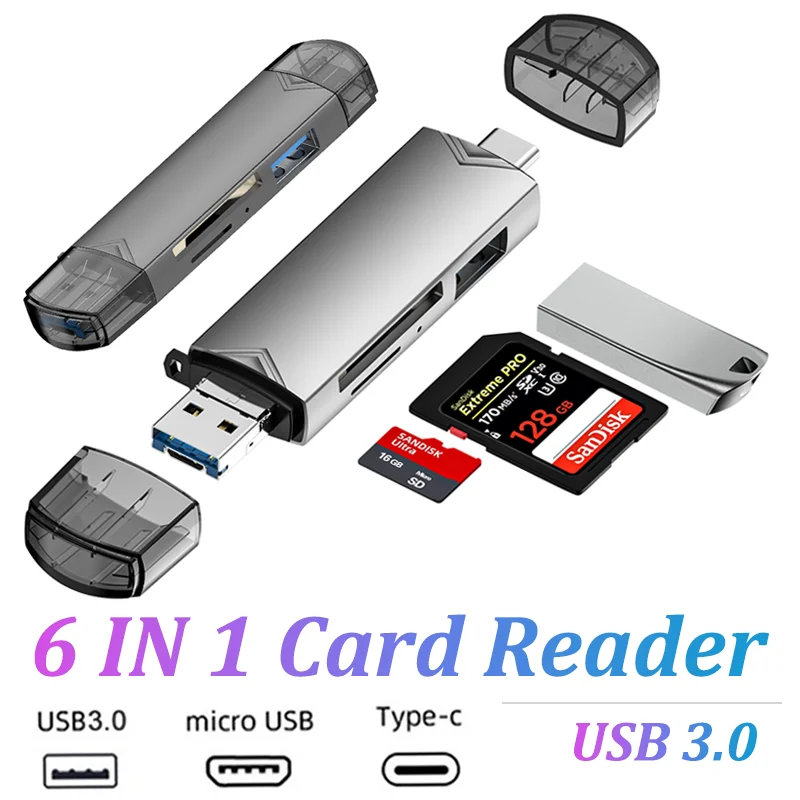 Multifuncional SD e TF Card Reader, 6 em 1, Adaptador de Cartão USB 3.0, 5Gbps, Alta Velocidade, Micro Memória para iPhone 15, Samsung, Macbook