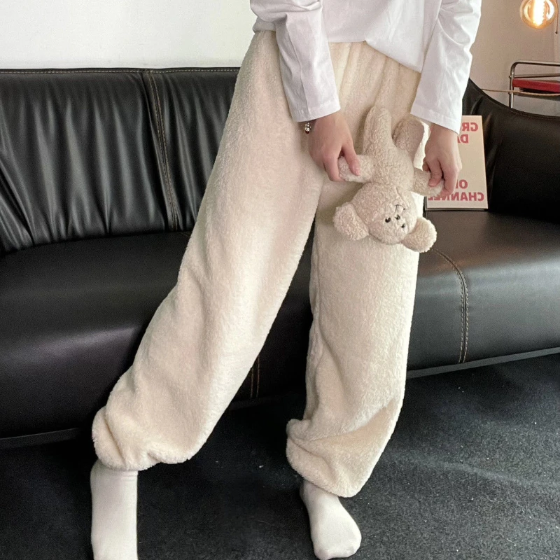 Winter Sweet Coral Velvet Sleep Pants for Women Home Sleepwear Simple Loose Warm Kawaii Students Fluffy Cozy Full Length Bottoms