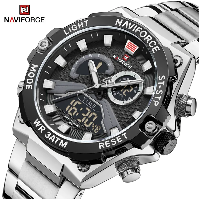 Naviforce relógio de pulso masculino, quartzo, aço inoxidável, impermeável, luxo, moda, esporte, original, presente