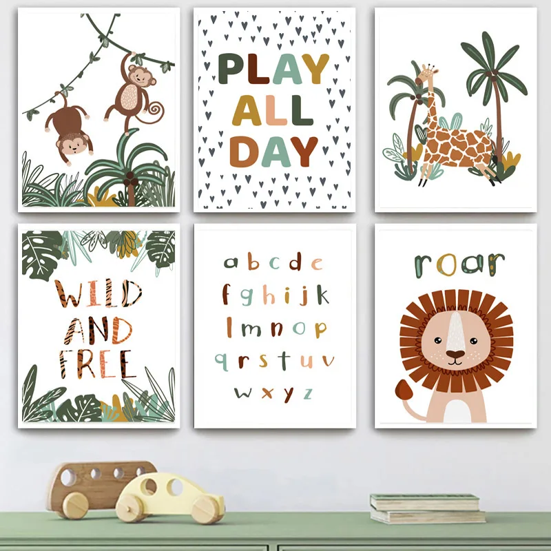 Animal Lion Giraffe Monkey ABC Child Poste Wall Art Canvas Painting Nursery Poster And Prints Wall Pictures Baby Kids Room Décor