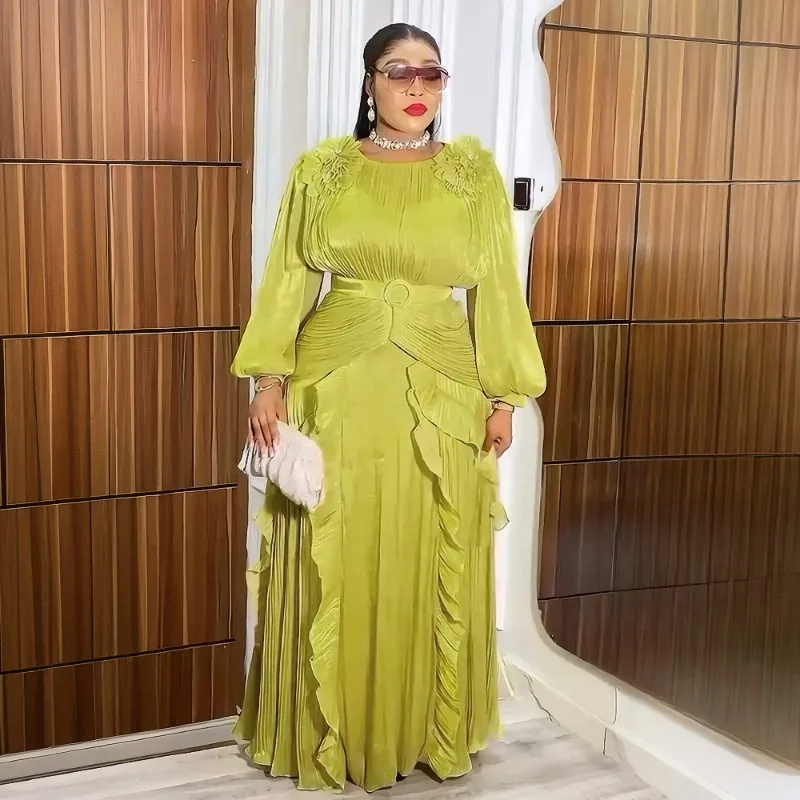 ชุดราตรีจีบระบายสไตล์ดารา ชุดเดรสยาวพลีทสำหรับผู้หญิงแอฟริกันไซส์ใหญ่ แขนทรงโคมดอกไม้ 3 มิติแบบดั้งเดิม